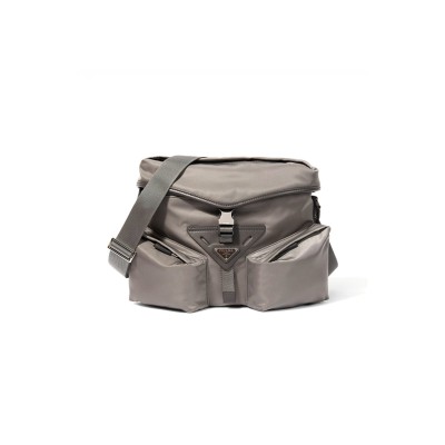 PRADA IRON GRAY RE-NYLON AND LEATHER SHOULDER BAG 2VD062 (29*23*15cm) 